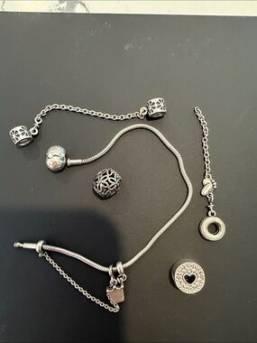 Pandora Silver Charm Bracelet with Filigree and Heart Charms